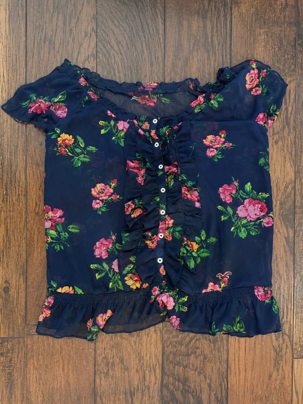 Hollister Women’s Size M Navy Sheer Floral Ruffle Blouse Button Front